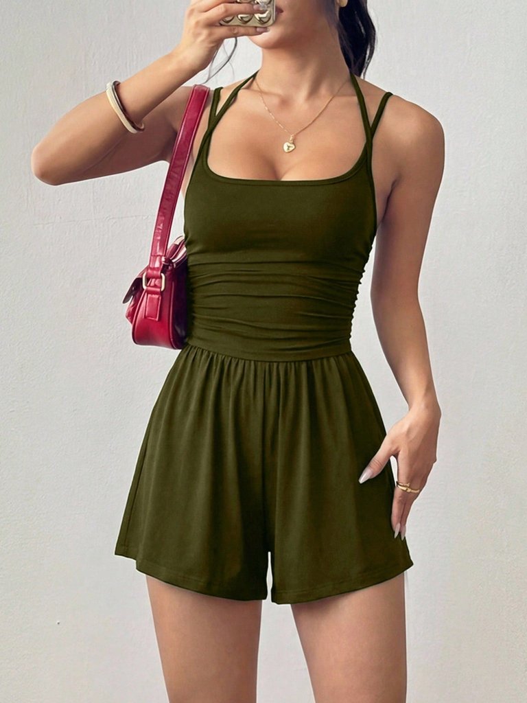 Army Green Casual Women's Gathered Loose Straight Leg Strapless Jumpsuit